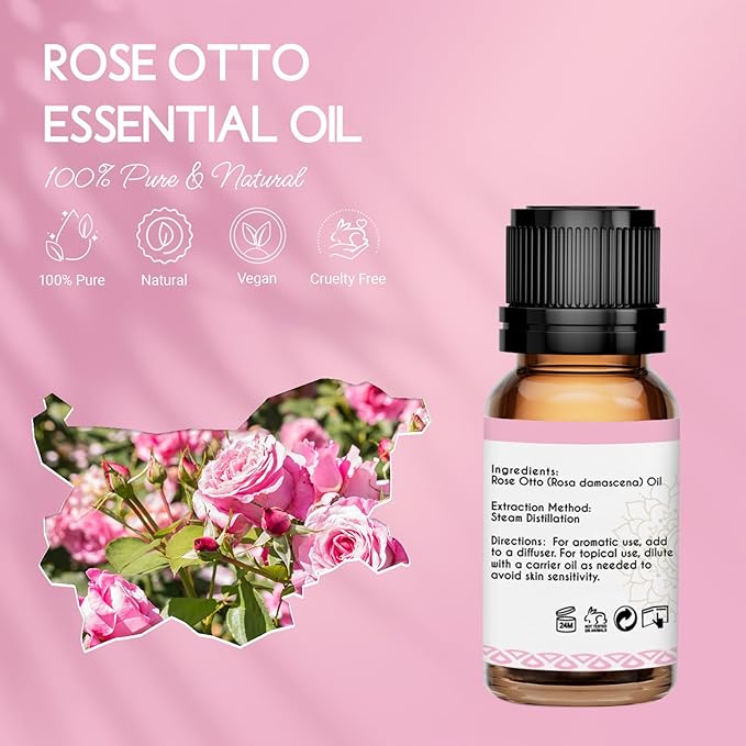 LOTUSJOY Rose Otto Essential Oil, for Skin, Massage, Diffuser, 0.34 Oz