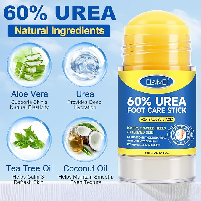 60% Urea with 2% Salicylic Acid Urea Foot Care Stick, 2PCS Heel Stick for Cracked Feet, Foot Care Cream Moisturizer for Dry Cracked Feet, Knees, Elbows, Hands