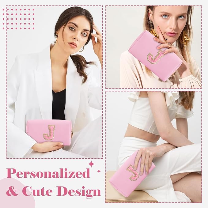 Personalized Initial A-Z Preppy Patch Makeup Bag,Small PU Leather Chenille Letter Cosmetic Bag with Zipper for Teen Girls,Pink Cute Travel Toiletry Bag,Birthday Monogrammed Gift for Daughter,Letter J