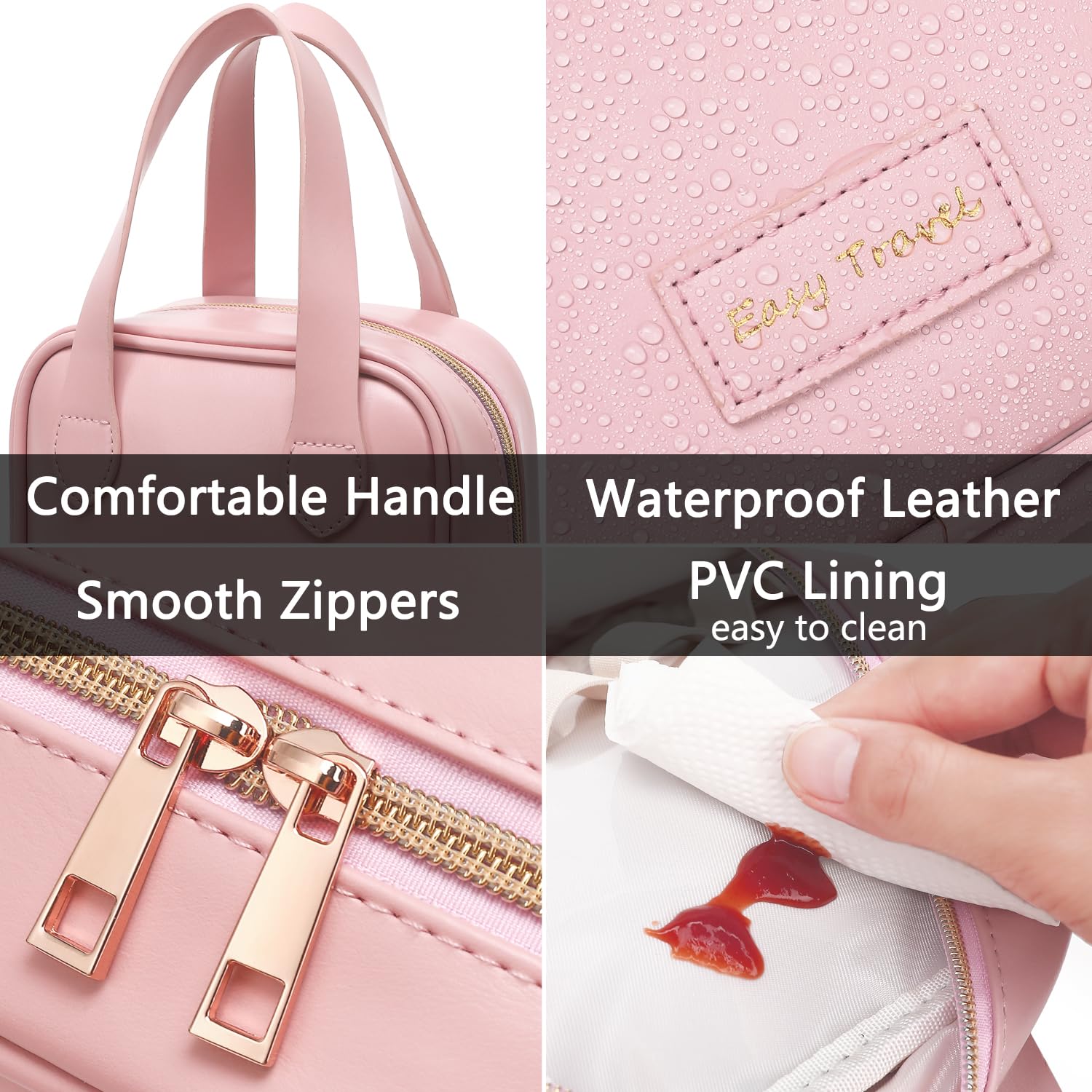 Fammart Travel Makeup Bag, Large Flat-Open Cosmetic Bag Make Up Organizer Case for Women, Waterproof PU Leather Toiletry Bag with Brush Compartment Skincare Pouch for Toiletries Accessories