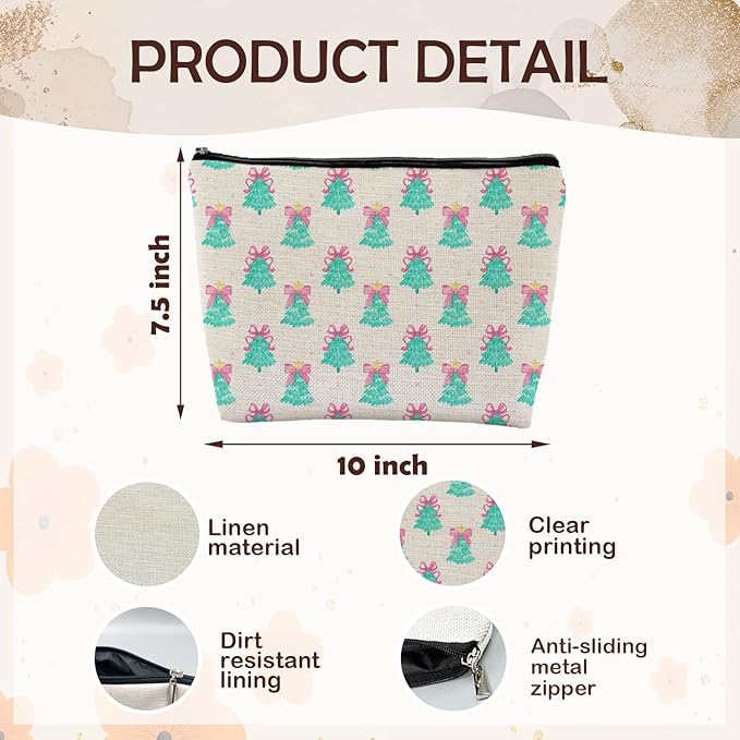 SAFDSGFDB Coquette Pink Bow Christmas Tree Makeup Bag, Preppy Mint Green Christmas Tree Cosmetic Bags Gifts for Women, Girly Xmas Portable Travel Toiletry Bag Zipper Makeup Pouch