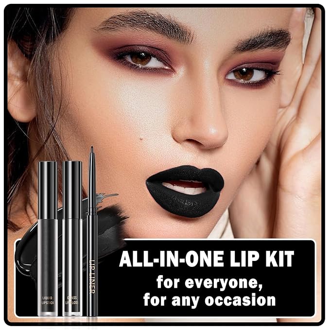 QIUFSSE 3 in 1 Black Lip Liner and Lipstick Lip Gloss Set (12 Black Magic)