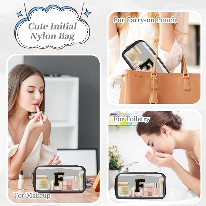 Small Clear Personalized Initial Makeup Bag,Nylon Preppy A-Z Chenille Letter Patch Cosmetic Pouch Beach Toiletry Bag,Waterproof Zipper Travel Purse Storage Bag Organizer for Women Girls(Black-Black F)