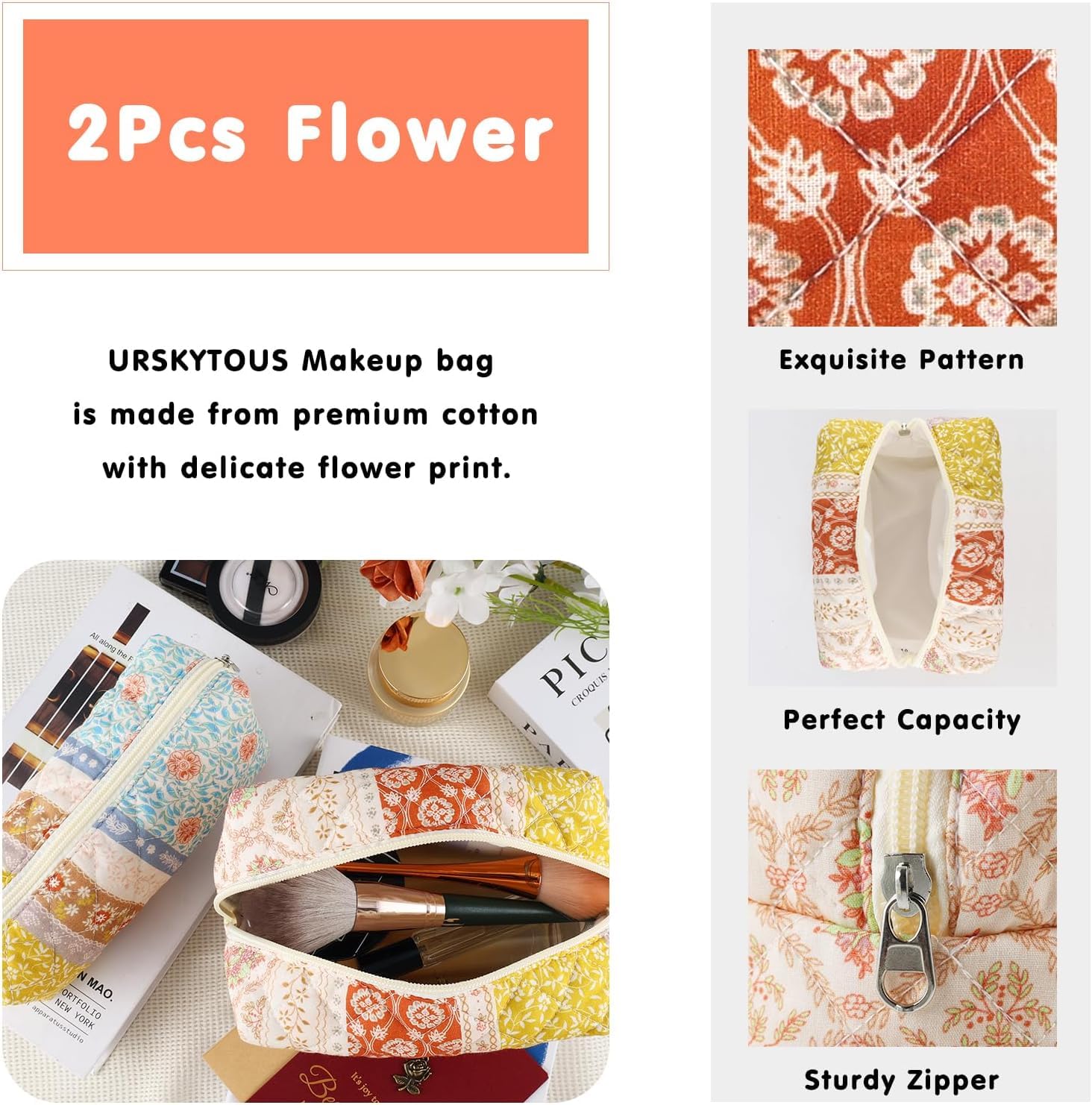 URSKYTOUS 2Pcs Floral Makeup Bag for Women Cotton Quilted Coquette Cosmetic Bag Cute Zipper Mixed Flower Makeup Pouch Aesthetic Portable Pencil Pouch Travel Toiletry Bag Trendy Cloth Skincare Bag