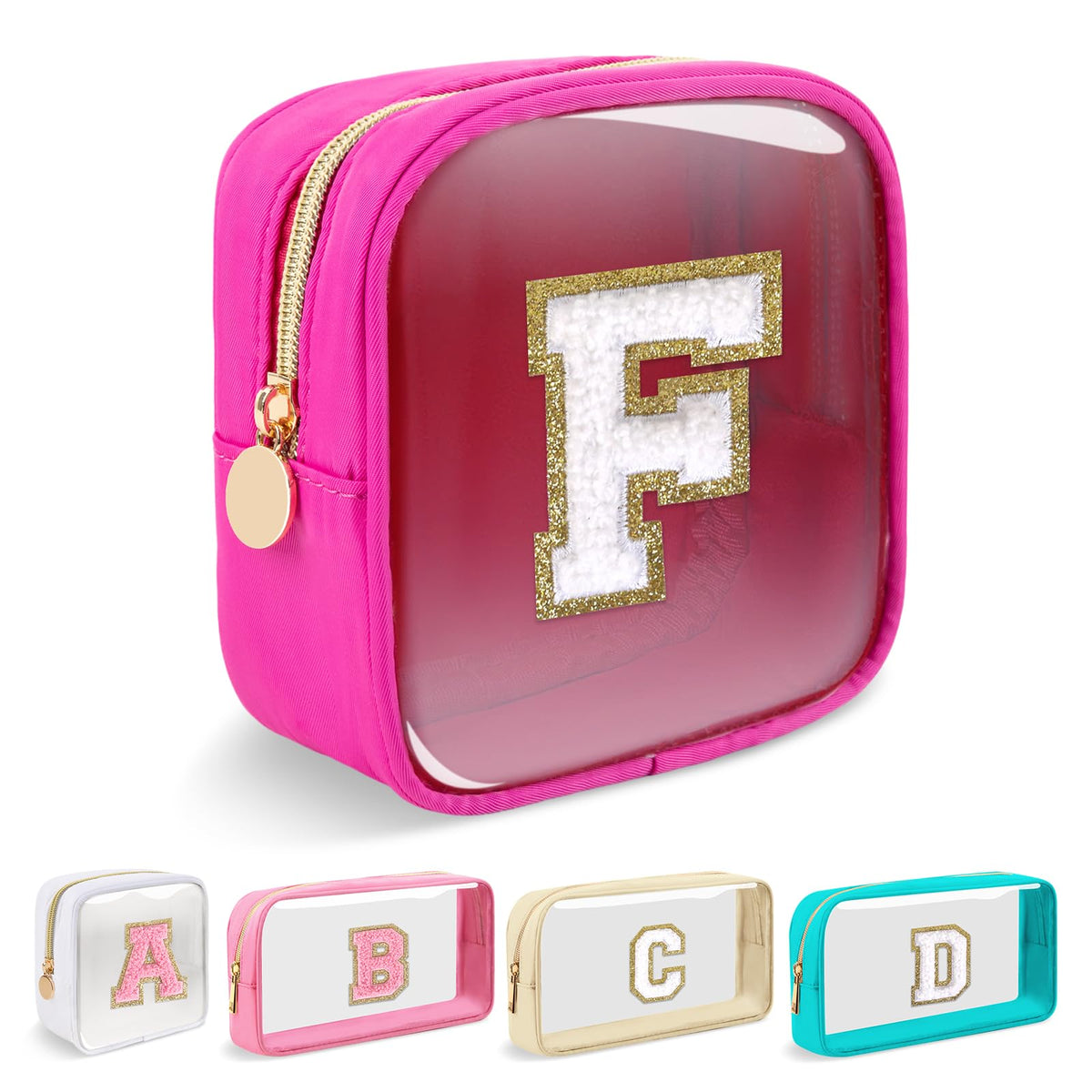 Small Clear Personalized Initial Makeup Bag,Nylon Preppy A-Z Chenille Letter Patch Cosmetic Pouch Beach Toiletry Bag,Waterproof Zipper Travel Purse Storage Bag Organizer for Women Girls(Pink-Pink F)