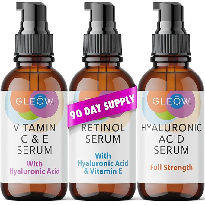GLEOW Skincare Set: Retinol, Vitamin C, and 99% Hyaluronic Acid Serum, Face Serum Set Targets Appearance of Uneven Skin and Dryness, Total Package Serum Set 3x2 oz