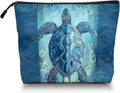 Scribesense Cosmetic Bags Travel Makeup Toilet Case Waterproof Pouch for Women Girls 6.7X9.45inches - Blue Sea Turtle With Ornamental Patterns