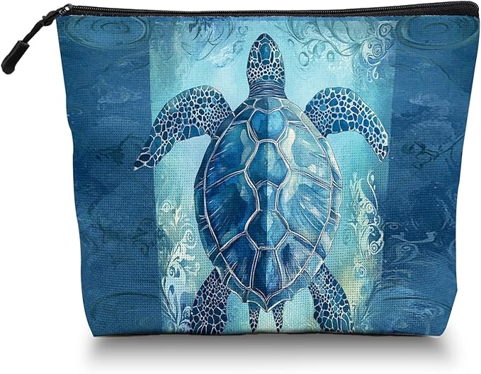 Scribesense Cosmetic Bags Travel Makeup Toilet Case Waterproof Pouch for Women Girls 6.7X9.45inches - Blue Sea Turtle With Ornamental Patterns