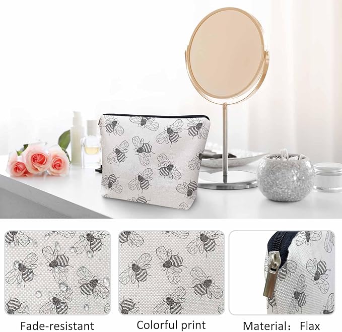 Kalygon Bumblebee Makeup Bag For Women, Adorable Cosmetic Bag Makeup Bags, Gray Animal Bee Bumblebees Zipper Bag Travel Bags Toiletry Organizers Pouch Bags Washing Bags For Gym Bathroom
