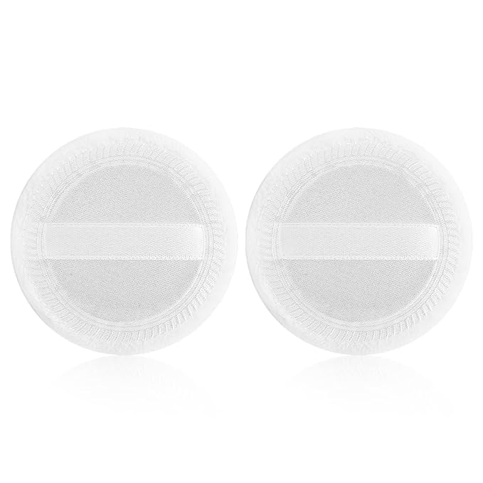 Sibba Powder-Puff 2PCS Cotton Cosmetic Face Makeup Velour Powder Pads with Ribbon for Loose and Foundation Round White Dry Puff Suitable for Eyeshadow Blush Concealer and etc.