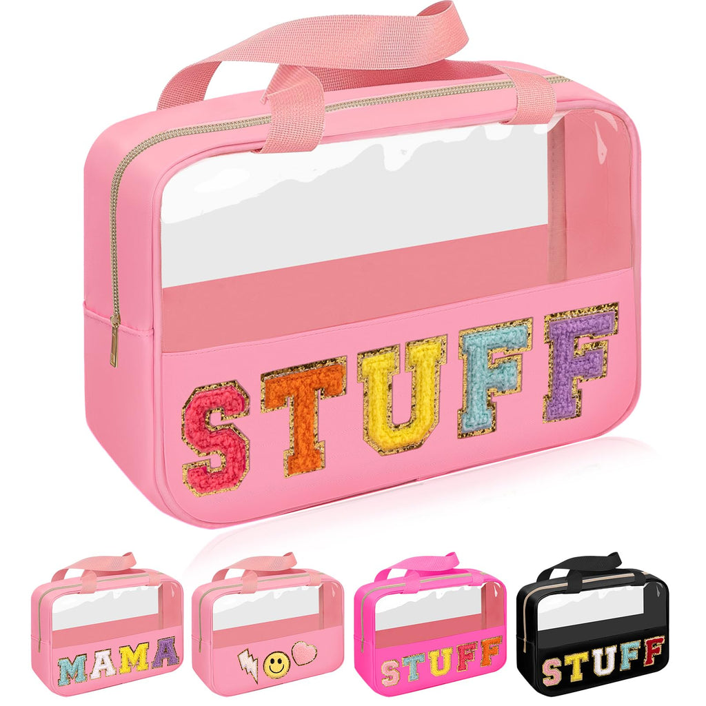 Iqimott Chenille Letter Patch Stuff Bag, Preppy Clear Makeup Cosmetic Bag Large Toiletry Storage Tote Bag with Handle, Transparent Nylon Waterproof Organizer Zipper Pouch for Travel Women Girls(Pink)