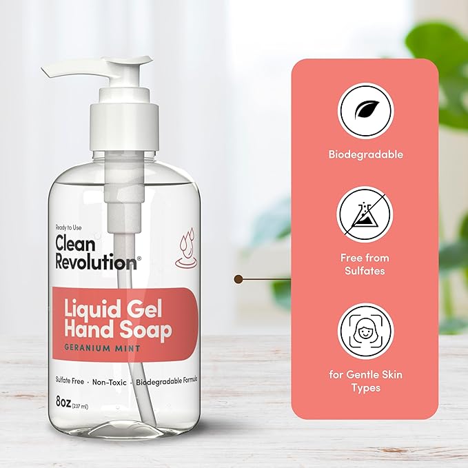 Clean Revolution Liquid Gel Hand Soap Refill with Real Essential Oils – Sulfate-Free Gel Hand Wash, Moisturizing Bulk Refill, Non-Toxic Formula, Made in the USA (Geranium Mint) 8 Fl Oz