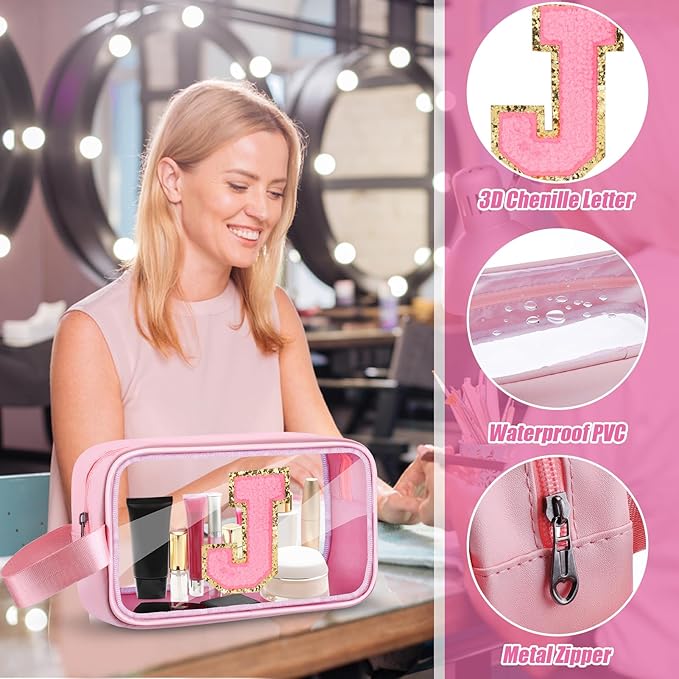 Vodolo Initial Makeup Bag,Letter J Cute Clear Monogrammed Cosmetic Travel Bag for Womens Girls,Personalized Pink Aesthetic Traveling Make Up Organizer Bag for Beach,Waterproof Toiletry Bag