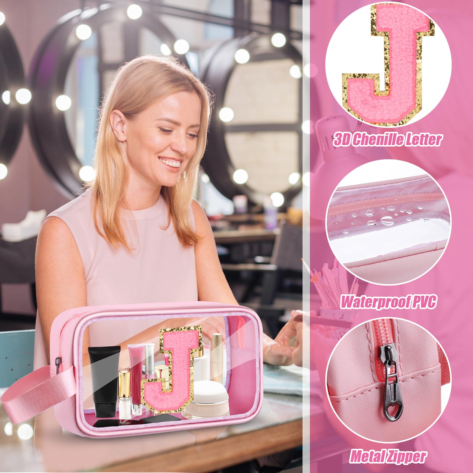 Vodolo Initial Makeup Bag,Letter J Cute Clear Monogrammed Cosmetic Travel Bag for Womens Girls,Personalized Pink Aesthetic Traveling Make Up Organizer Bag for Beach,Waterproof Toiletry Bag