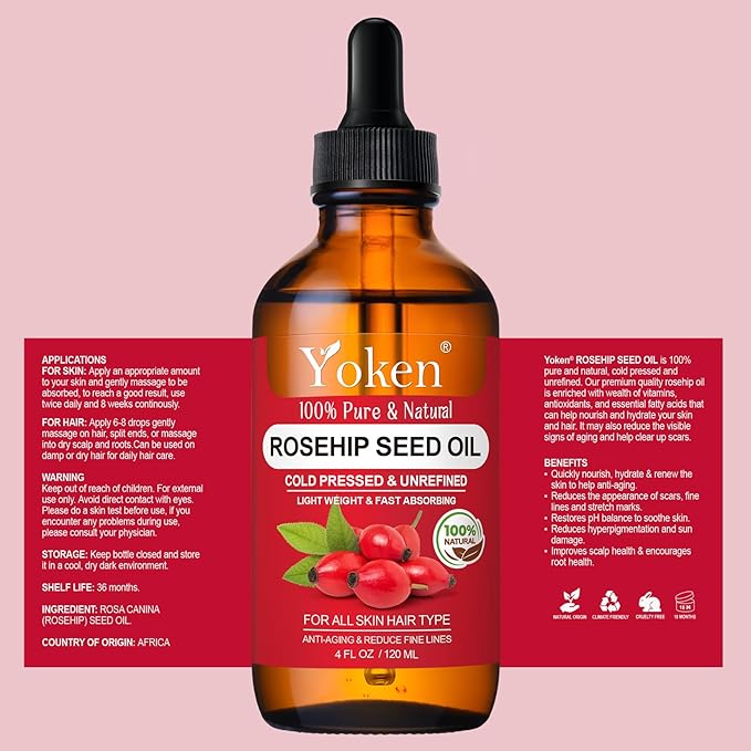 Yoken Cold Pressed Organic Rosehip Seed Oil for Face, Hair & Body, 4 fl oz