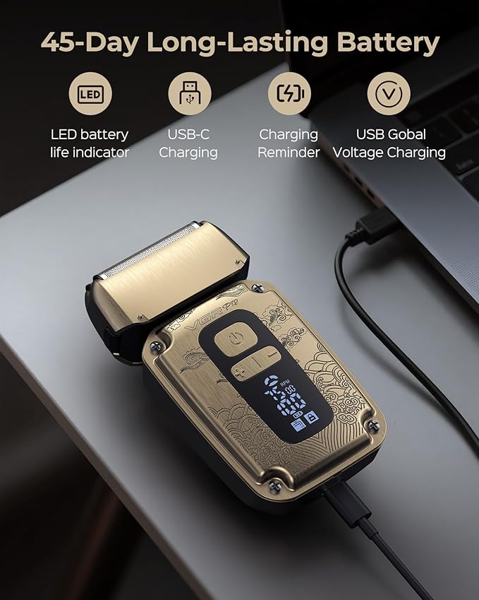 VGRPRO Foil Shaver for Men, Electric Razor for Men Face Beard, Waterproof Cordless Electric Razor for Travel, 4-Speed Setting, USB-C Rechargeable, LED Battery Display, Barber or Home Use (Black)