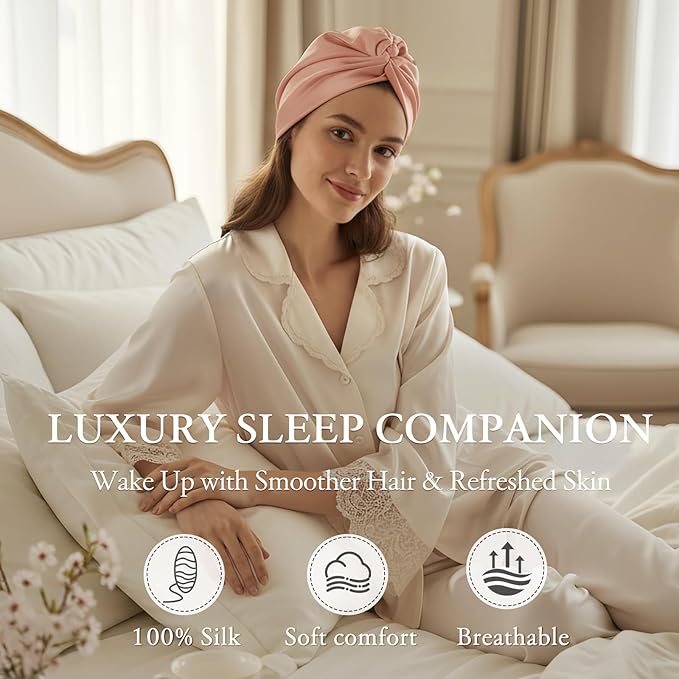 SYSERAN 100% Mulberry Silk Bonnet for Sleeping - Women Natural Curly Hair Night Cap Luxury Sleep Head Wrap with Elastic Band(Rose Gold)
