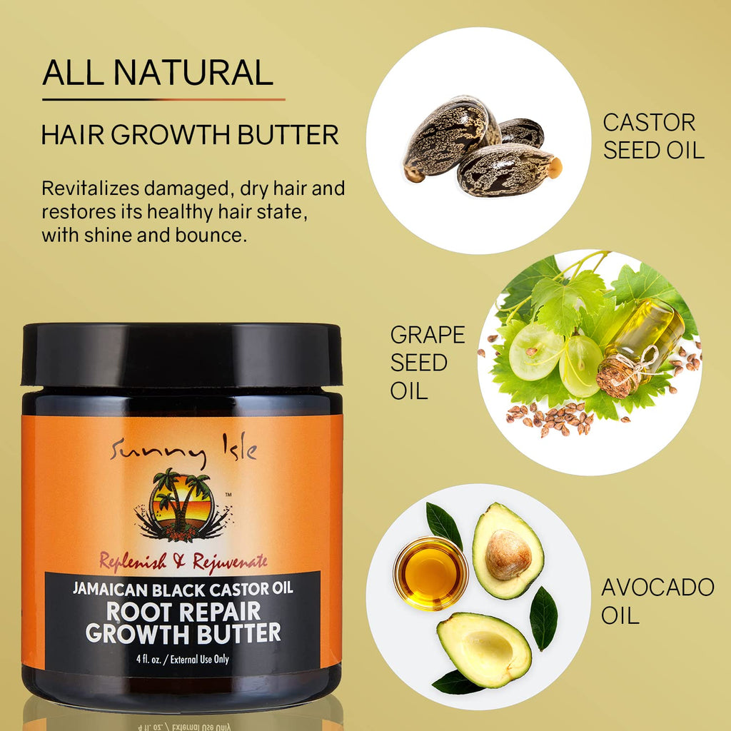 Sunny Isle Jamaican Black Castor Oil Root Repair Growth Butter 4oz | Restores & Revitalizes ALL Damaged Hair Types | Nutrient-Rich, Stimulates Hair Growth | Fights Dry, Itchy, Flaky Scalp