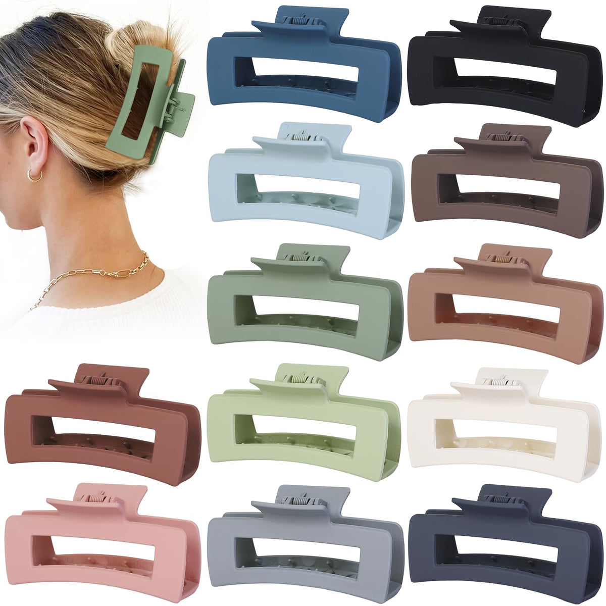 Sisiaipu 4.1 Inch Large Hair Claw Clips 12 Pcs Big Claw for Thick Hair Square Hair Clips Jumbo Jaw Clips Bulk Hair Accessories for women and Girls (Black)