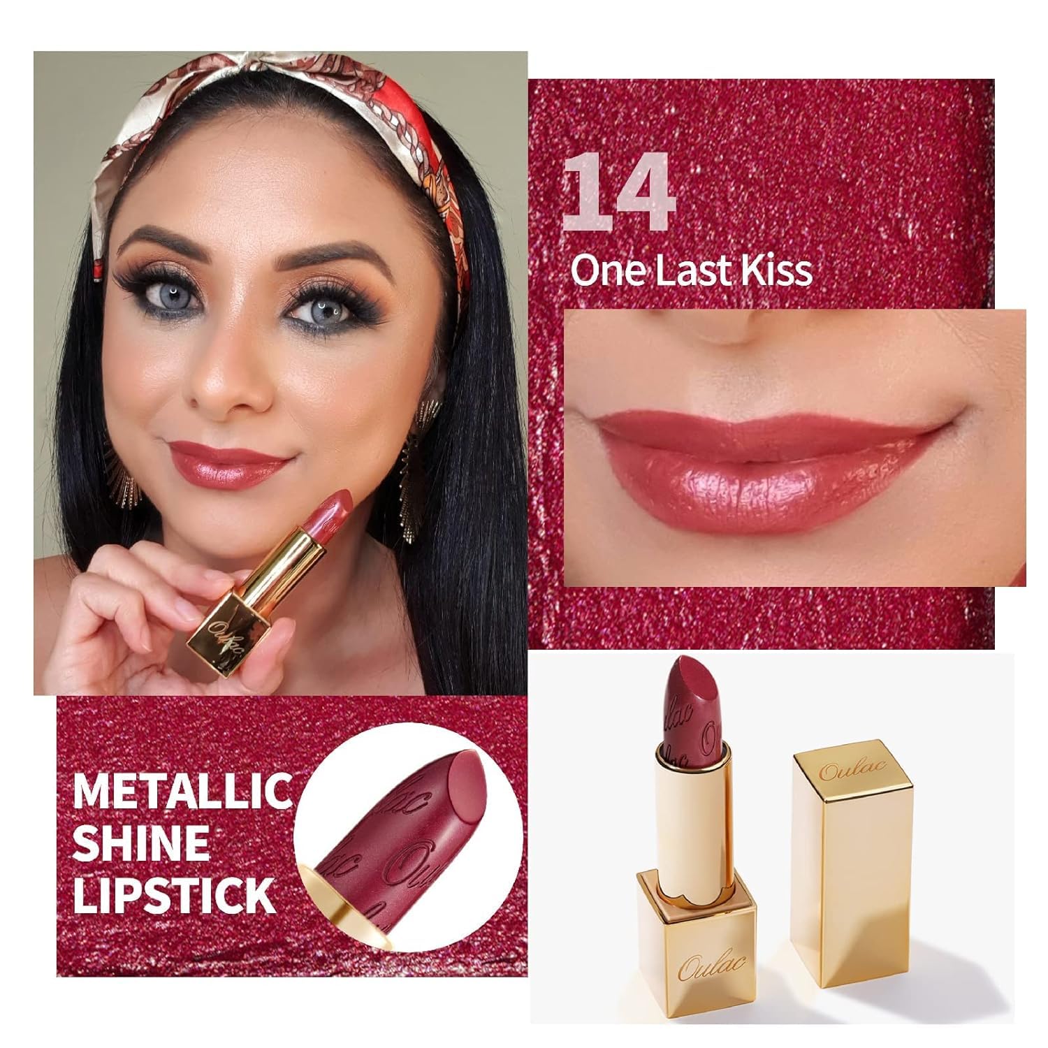 Oulac Wine Red Lipstick for Women with Metallic 3D Shine Lightweight Hydrating Formula, High Impact Lip Color, Vegan Beauty, Full Coverage Lip Makeup, Christmas Gifts for Women, One Last Kiss (14)