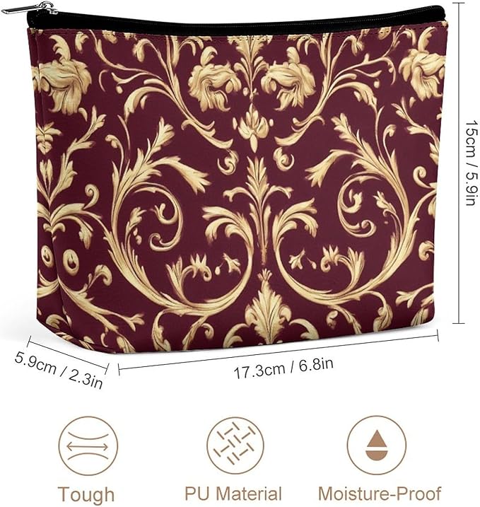 Meaudiwes Fashion Zipper Cosmetic Case, Portable Makeup Case, Personality Toiletry Bag, Flower Maroon Gold Floral Classy Burgundy Antique Travel Cosmetic Toiletry Bag