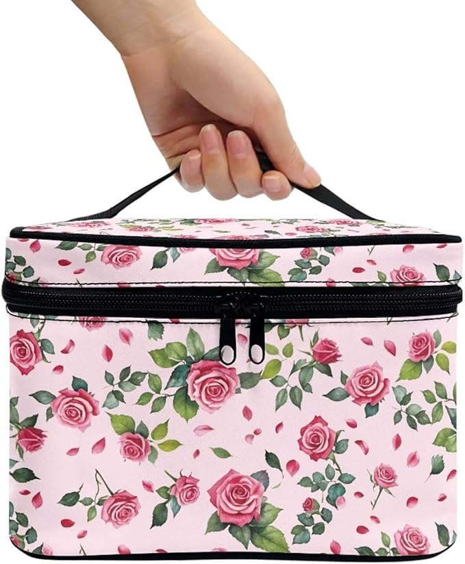 Drydeepin Rose Hearts Valentine's Day Print Travel Makeup Bags for Women Portable Tote Cosmetic Case with Carry Handle Toiletry Accessories Storage Organizer Bags