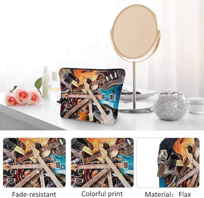 Kalygon Rock Guitar Makeup Bag For Women, Adorable Cosmetic Bag Makeup Bags, Lightning Music Guitar Zipper Bag Travel Bags Toiletry Organizers Pouch Bags Washing Bags For Gym Bathroom