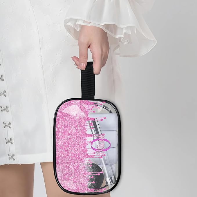 KFNHN Custom Travel Toiletry Bag for Women, Clear PVC Large Makeup Bag, Cosmetic Bag, Comestic Essentials for Women, Light Pink Curtain Glittering