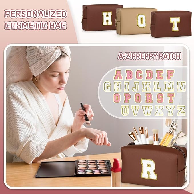 TOPEAST Cosmetic Travel Bags for Women, Preppy Small Makeup Bag, PU Leather Waterproof Toiletry Bag, Unique Friendship Gifts for Friends Coworker, Cute Stuff for Girls (Brown R)