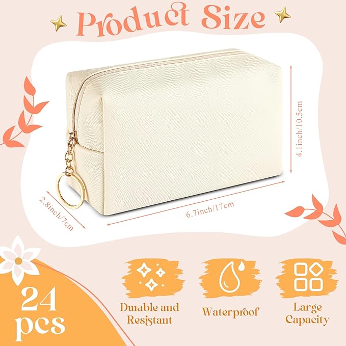 Chunful 24 Pcs Preppy Makeup Bag PU Leather Cosmetic Bag Bulk Makeup Plain Pouch Waterproof Toiletry Purse for Women Traveling Preppy Pencil Case Valentine's Day Gifts(Beige)