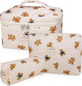 Gosect 3PC Makeup Bag Set, Quilted Makeup Bag, Large Floral Cosmetic Bag for Women, Cute Cotton Makeup Bags, Flower Travel Toiletry Organizer Bag (Bear)