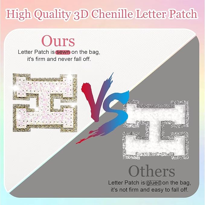 Small Personalized Glitter Initial Letter Makeup Bag, Cute PU Leather Chenille Letters Cosmetic Bag Travel Makeup Pouch, Preppy Travel Organizer Zipper Pouch for Women&Girls（White-U）