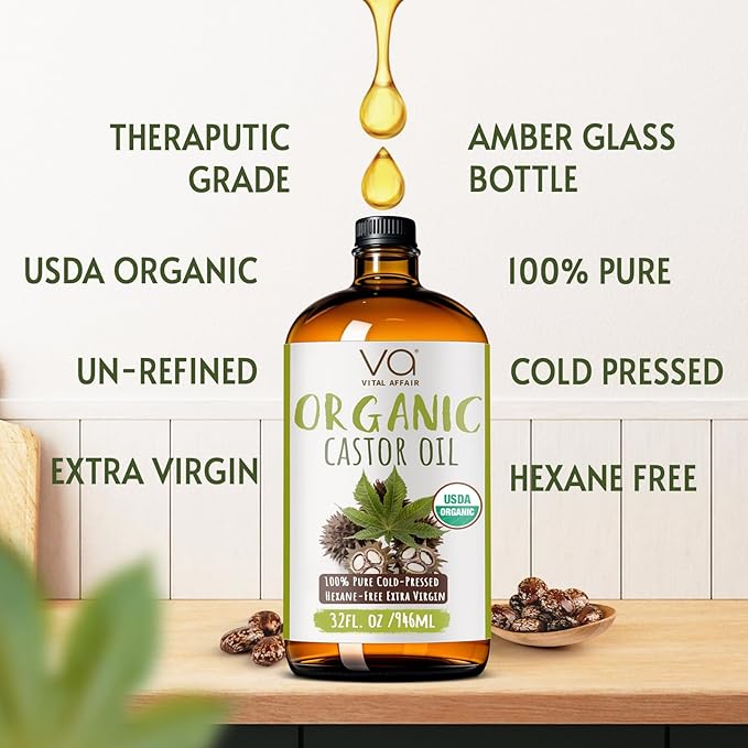Castor Oil Organic Cold Pressed Glass Bottle 32oz For Hair Growth, Eyebrow