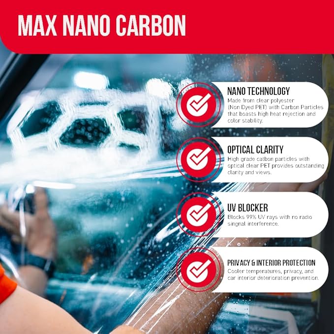 United Window Tint Car Film 36" in x 25'Ft MAX Nano Carbon Film 2Ply 20% VLT - Clear Polyester Privacy Window Tint Blocks UV/IR Rays, Heat & Glare- Laminate Adhesive with Lifetime Color Stability…