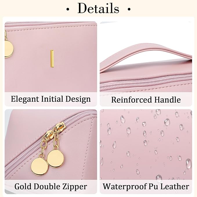 Birthday Gifts for Women Teen Girl, Personalized Initial Makeup Organizer Bag Set, Open Flat Travel Cosmetic Bag With Clear Divider and Handle(Pink,I)