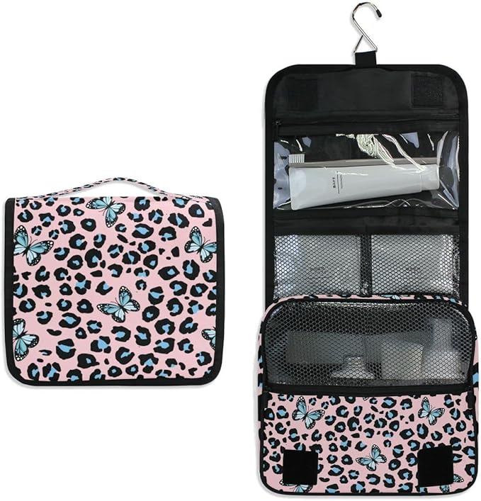 senya Hanging Travel Toiletry Bag Blue Butterfly Leopard Print Kit Makeup Case Cosmetics Organizer for Men Women 1.0 Fl Oz