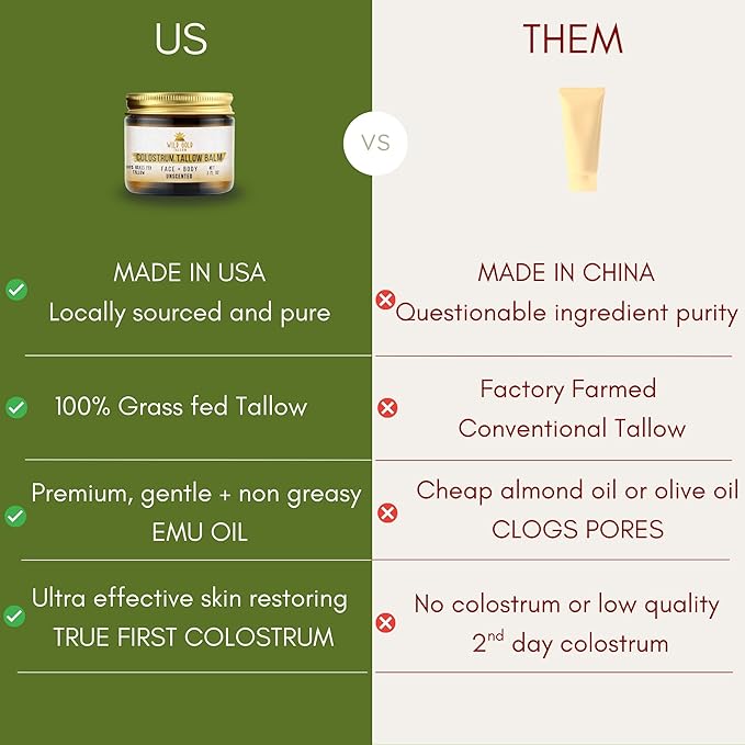 Wild Gold Tallow 100% Grass Fed Tallow Balm with Colostrum & Emu Oil - Handmade Whipped Beef Tallow for Face and Body, Sensitive Skin Tallow Moisturizer made with True First Colostrum, (Unscented)