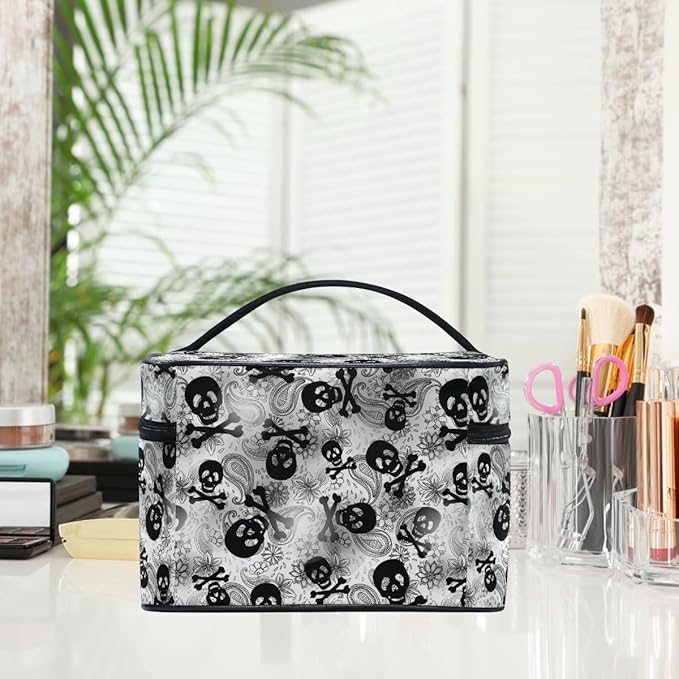 MNSRUU Makeup Bags, Gothic Skulls Black Grey Paisley Makeup Organizer Bags Toiletry Bag Box Travel Cosmetic Bag Make Up Train Case for Women Teen Girl Ladies