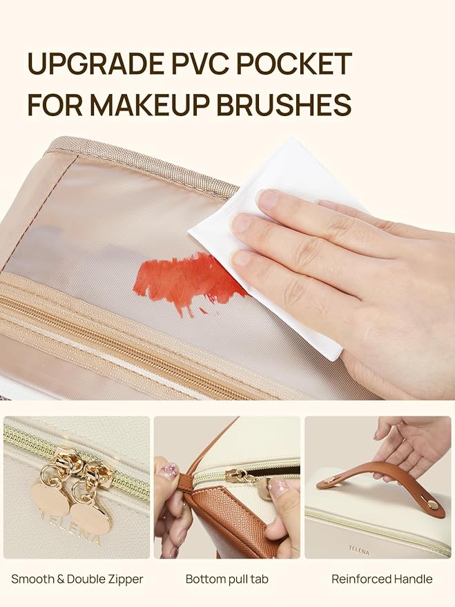 Telena Leather Make Up Bag Portable Travel Makeup Bag Waterproof Cosmetic Bags for Women Large Capacity With Handle and Divider Open Lay Flat
