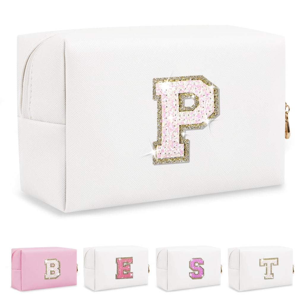 Small Travel Initial Preppy Makeup Bag, Personalized Black Cute Cosmetic Zipper Pouch Chenille Letter Travel Toiltery Bag, Waterproof PU Leather Makeup Case Storage Gift for Mom Women Female(Letter M)