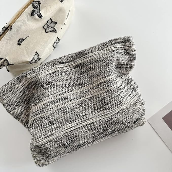 Flat Makeup Bag for Women,Zipper Cosmetic Pouch for Purse,Ripple Grey