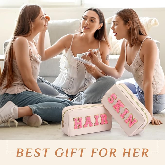 Remerry 4 Pcs Nylon Makeup Bags Waterproof Spacious Travel Cosmetic Bag for Women Chenille Letter Preppy Zipper Pouch Face Stuff Skin Hair Organizer Gift(Gentle White)