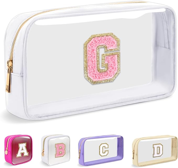 Small Clear Personalized Initial Makeup Bag,Nylon Preppy A-Z Chenille Letter Patch Cosmetic Pouch Beach Toiletry Bag,Waterproof Zipper Travel Purse Storage Bag Organizer for Women Girls(White-Pink G)