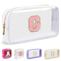 Small Clear Personalized Initial Makeup Bag,Nylon Preppy A-Z Chenille Letter Patch Cosmetic Pouch Beach Toiletry Bag,Waterproof Zipper Travel Purse Storage Bag Organizer for Women Girls(White-Pink G)