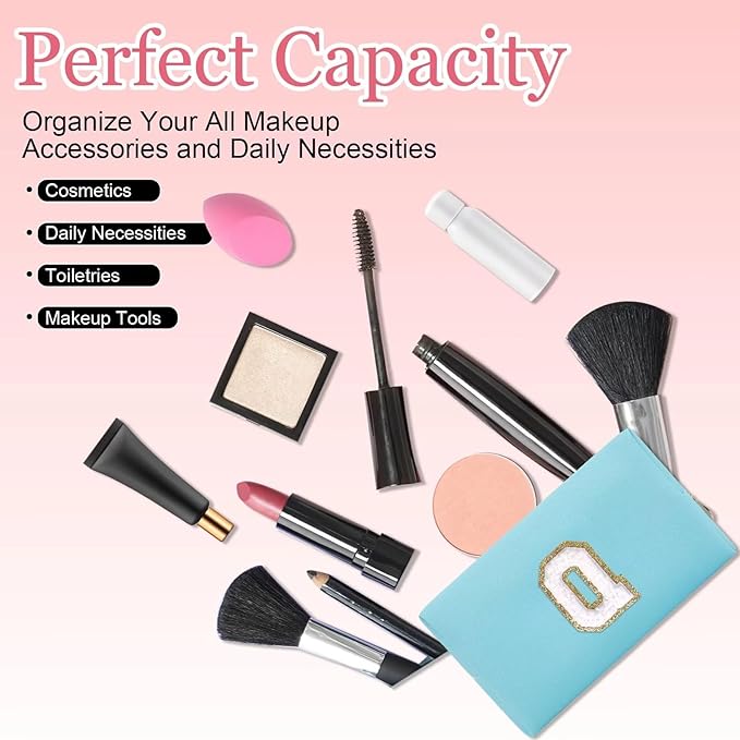Small Personalized Letter Makeup Bag, Cute PU Leather Chenille Letters Cosmetic Bag Travel Makeup Pouch, Preppy Travel Organizer Zipper Pouch for Women&Girls（Blue-Q）