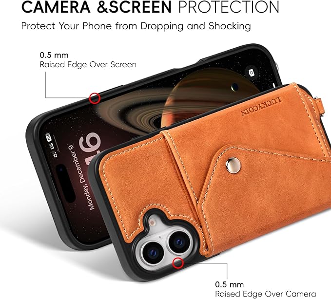 LUCKYCOIN Crossbody Phone Case for iPhone 17,100% Genuine Leather Phone Wallet Case for Women, Fashion Premium Hands-Free Phone Purse with Expandable Flip Card Holder & Adjustable Strap - Retro Brown