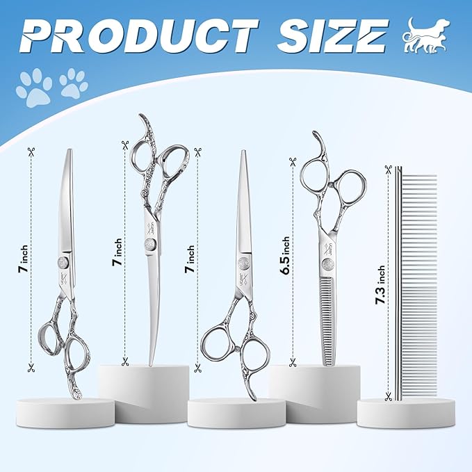 JASON Dog Grooming Scissors Set - Professional 6 in 1 Shears Kit Silver