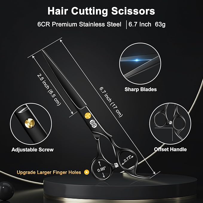 CIICII Hair Cutting Scissors Shears Kit, 6.7″ Barber Scissors Set (Black)