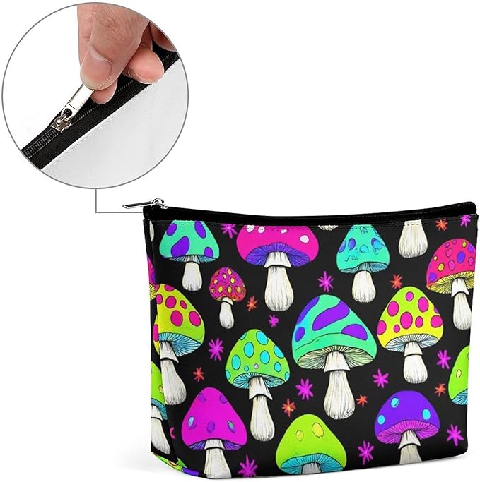 Meaudiwes Fashion Zipper Cosmetic Case, Portable Makeup Case, Personality Toiletry Bag, Travel Cosmetic Toiletry Bag Trippy Magic Neon Mushrooms