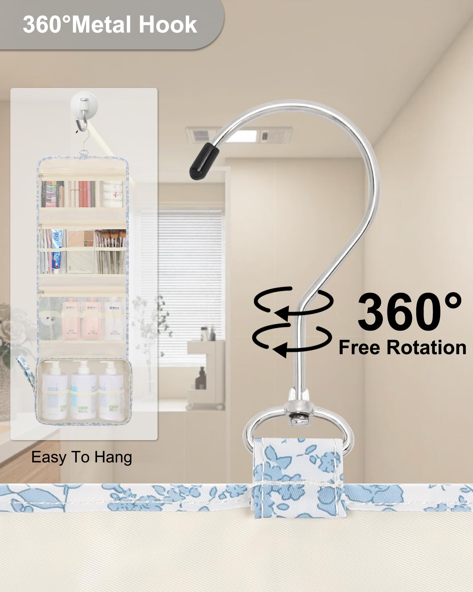 Relavel Travel Toiletry Bag with Hanging Hook, Floral Toiletries Bag